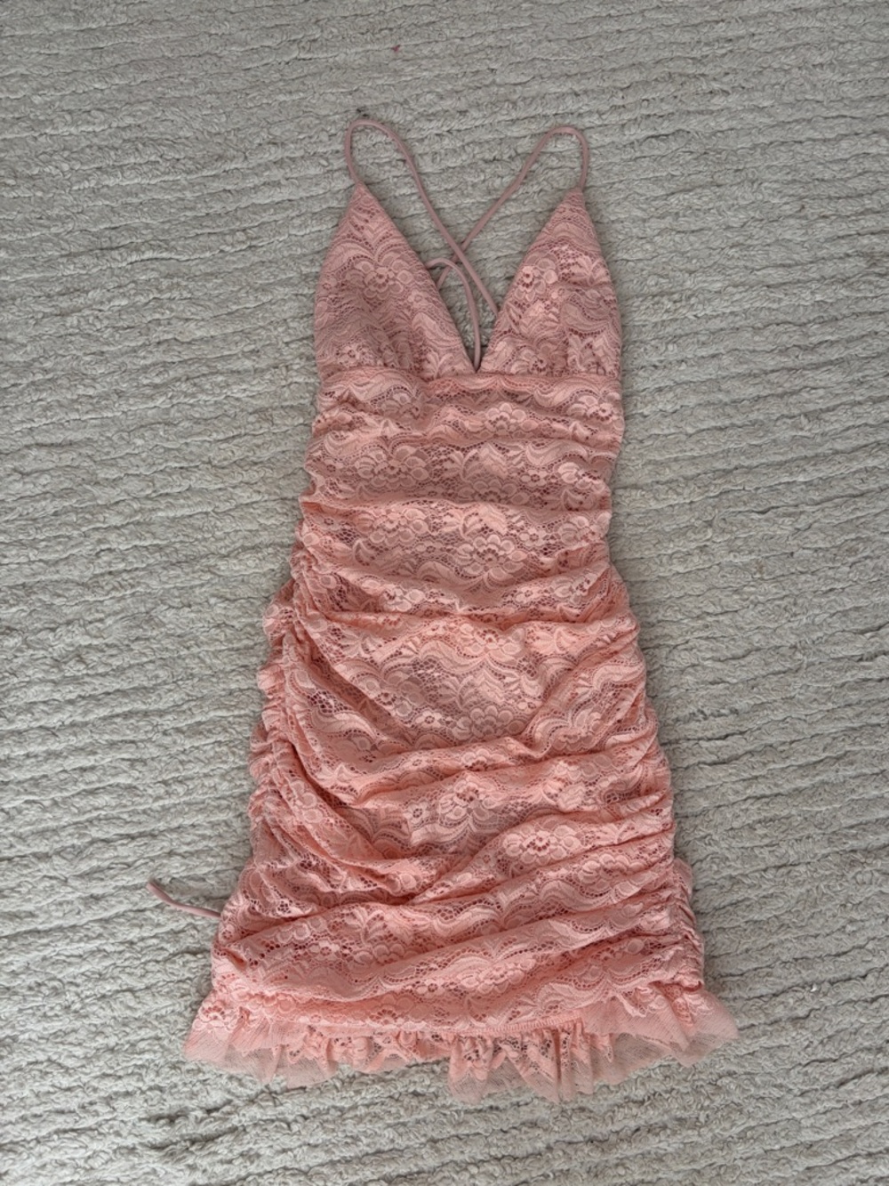 Lucy in the Sky Blush Pink Lace Ruched V-Neck Mini Dress